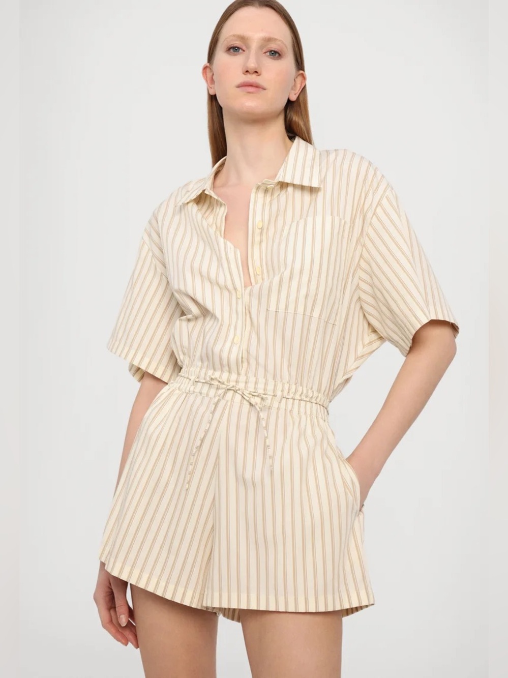 Faithfull the Brand Faia Cotton Romper Tonal Shadow Stripe Butter Cream Belted